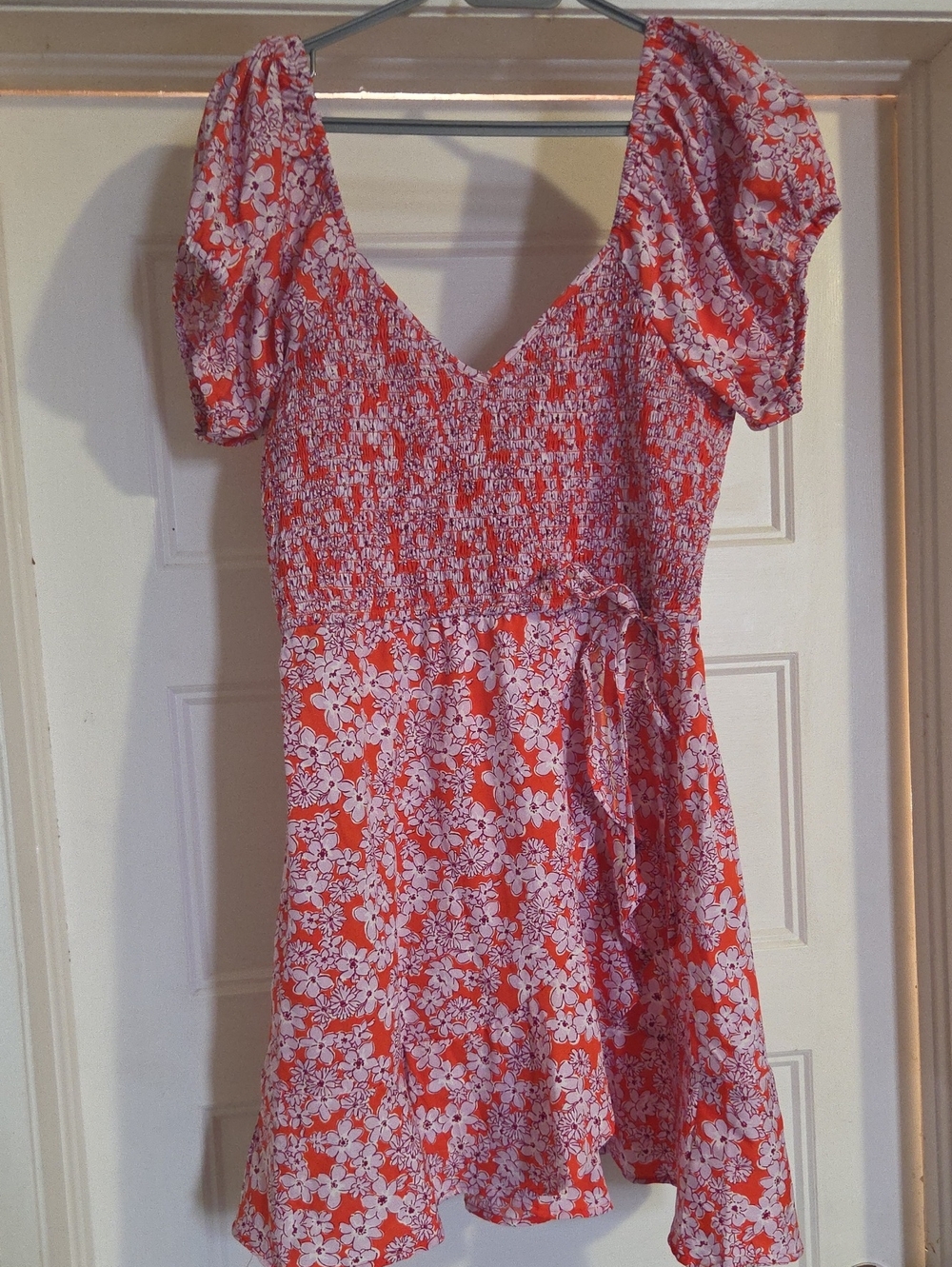 Floral Puff-Sleeve Smocked Mini Dress in Coral